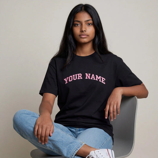 Woman wearing custom embroidered black oversized t-shirt — Embroidist personalised tee