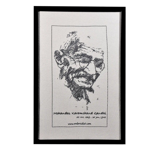 Machine embroidered Mahatma Gandhi portrait wall art — 46,701 stitches on canvas by Embroidist