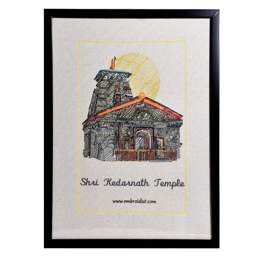 Machine embroidered Kedarnath temple wall art — 57,386 stitches on canvas by Embroidist