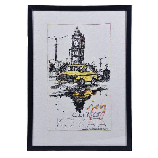 Machine embroidered Kolkata city wall art — 70,894 stitches on canvas by Embroidist