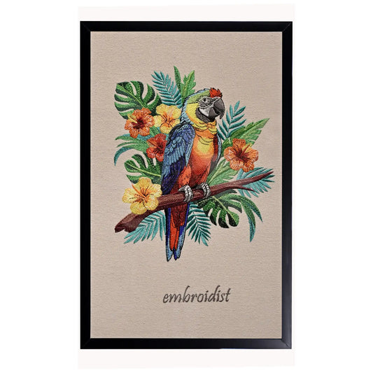 Machine embroidered macaw wall art — 76,897 stitches on canvas by Embroidist
