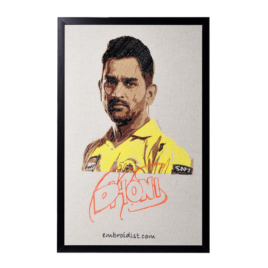 Machine embroidered MS Dhoni portrait wall art — 57,188 stitches on canvas by Embroidist