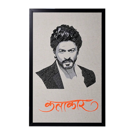 Machine embroidered Shah Rukh Khan portrait wall art — 32,359 stitches on canvas by Embroidist