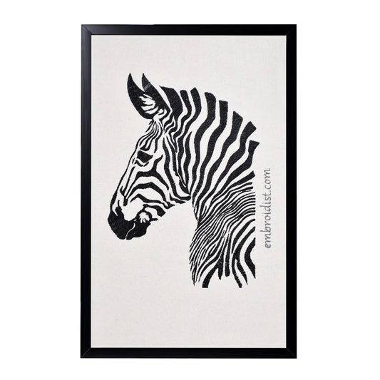 Machine embroidered zebra wall art — 46,892 stitches on canvas by Embroidist