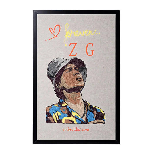 Machine embroidered Zuben Garg portrait wall art — 77,197 stitches on canvas by Embroidist