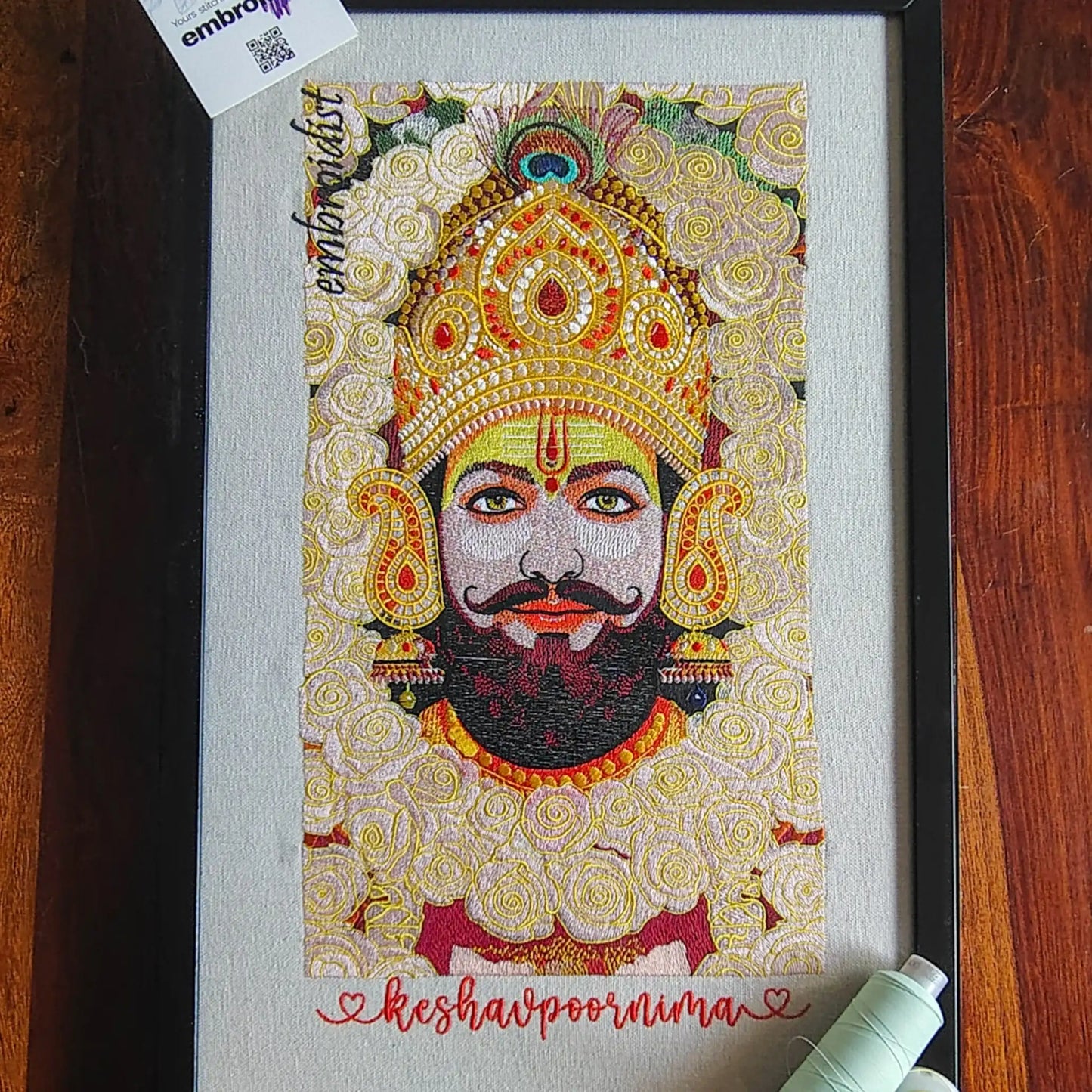 Khatu Shyam Ji wall art image on a alble at embroidist