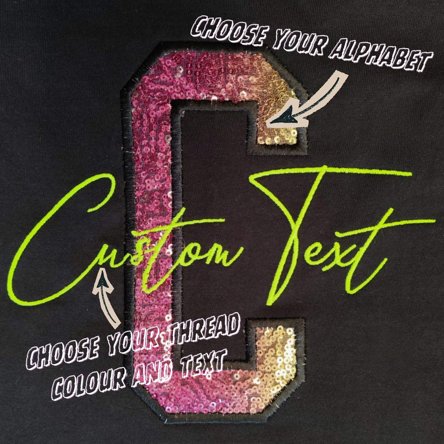 Sequin appliqué alphabet tee — choose your letter and custom text, machine embroidered on black bio-washed tee | Embroidist
