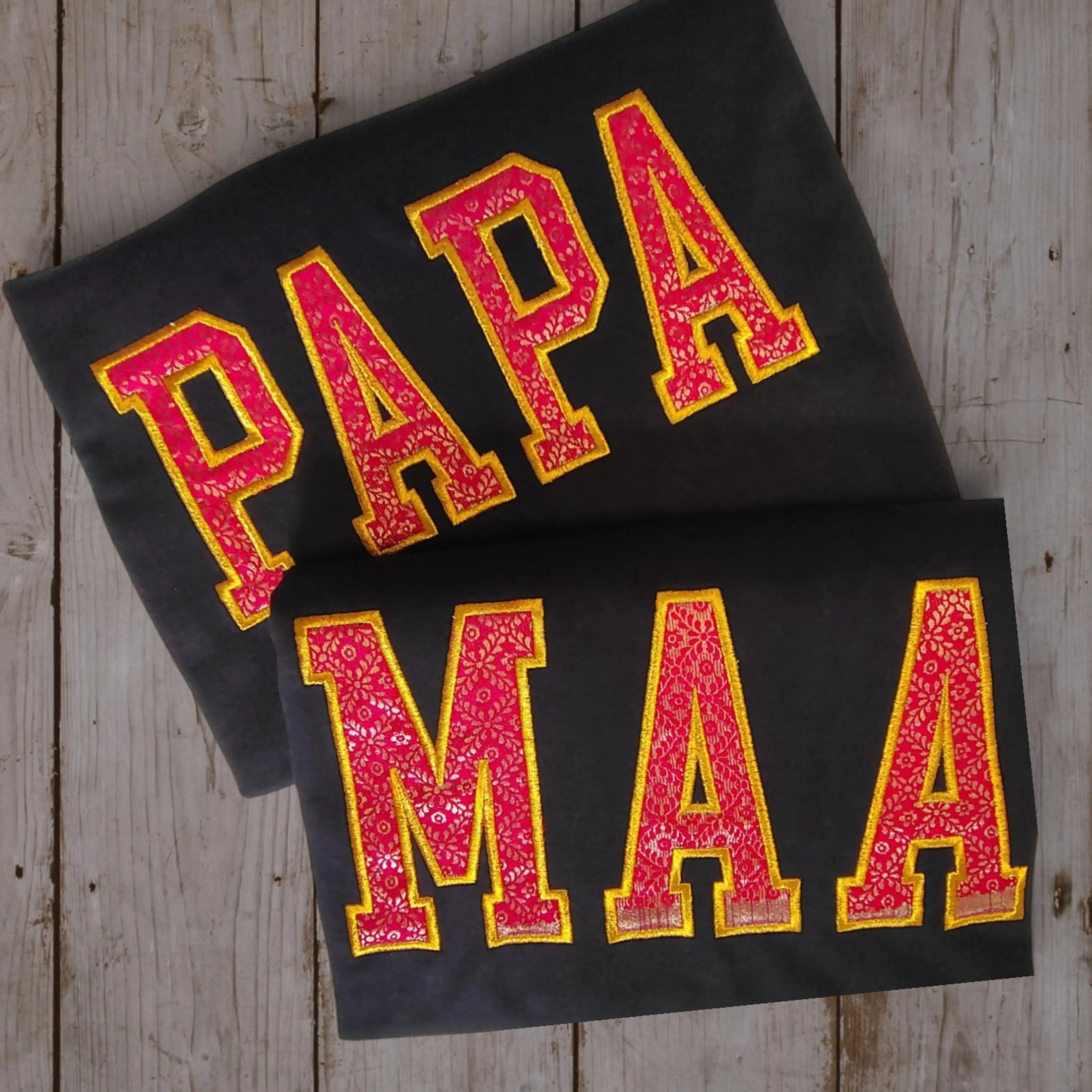 Custom Zari embroidery t-shirt – PAPA and MAA in bold varsity letters on black tee | Embroidist