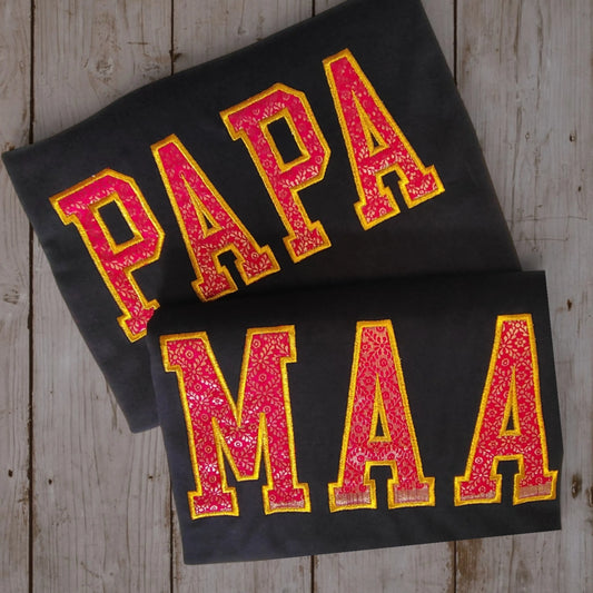 Custom Zari embroidery t-shirt – PAPA and MAA in bold varsity letters on black tee | Embroidist