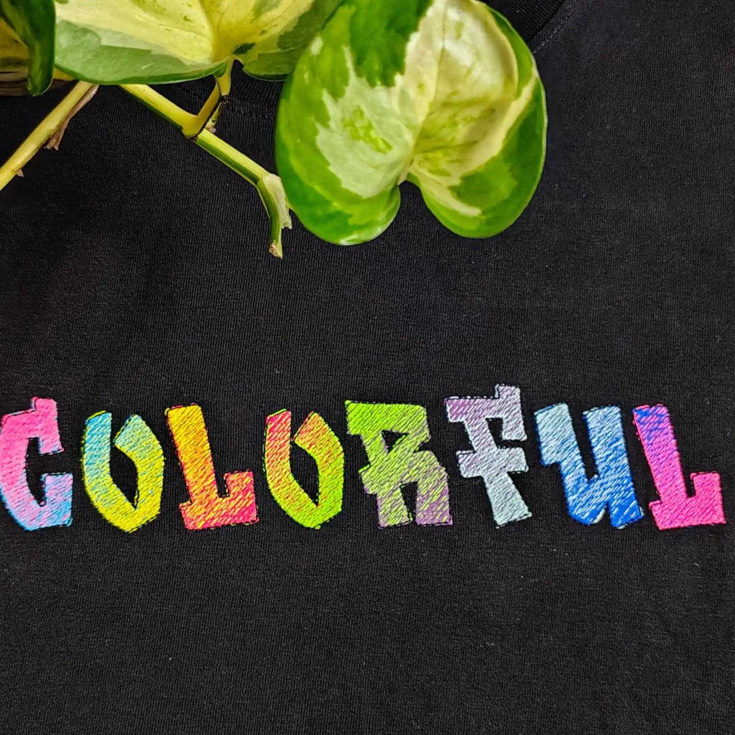 Flat lay of black t-shirt with COLORFUL rainbow embroidery — 10-colour typography front chest, full view, by Embroidist.
