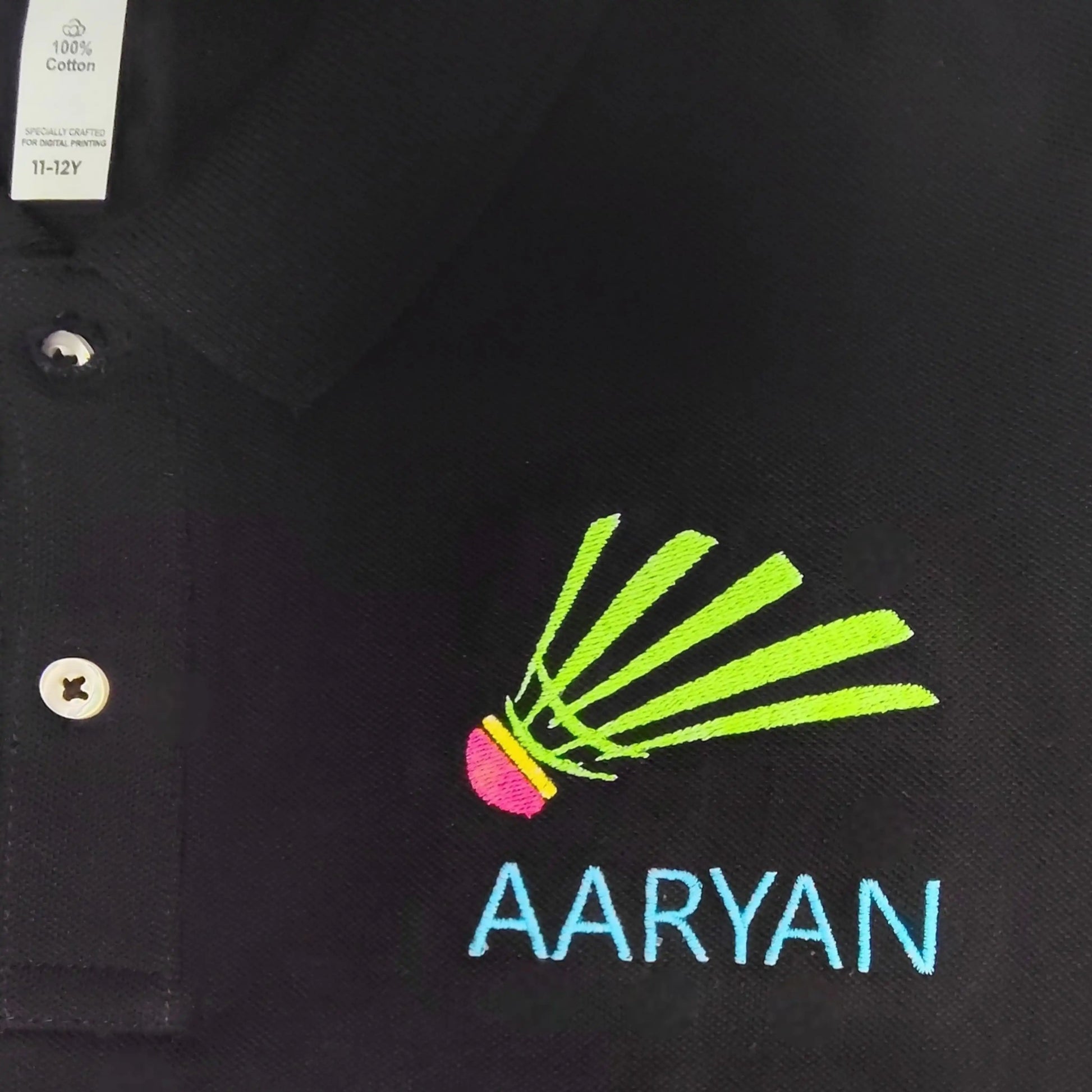 Custom Aaryan logo embroidery on black fabric for badminton club
