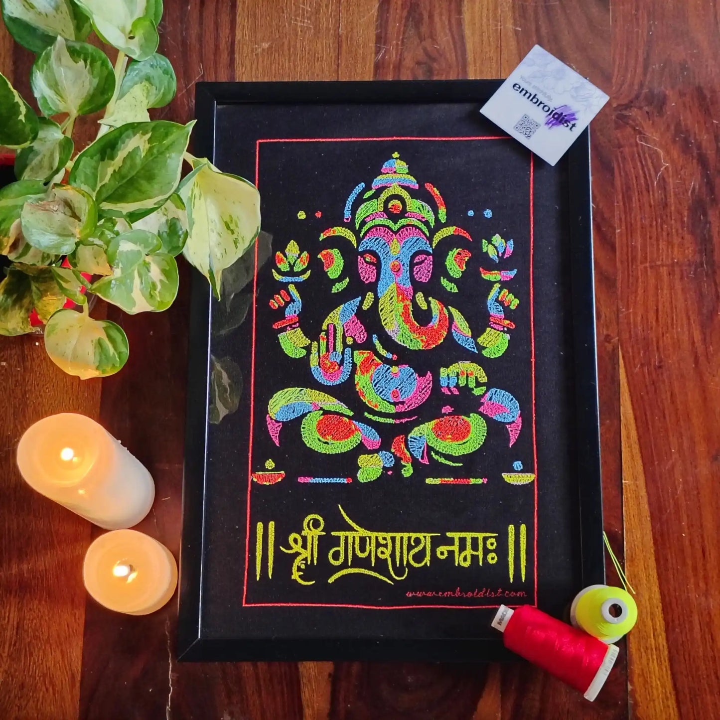 Boho Ganesha embroidered wall art lifestyle image — framed art in home setting by Embroidist