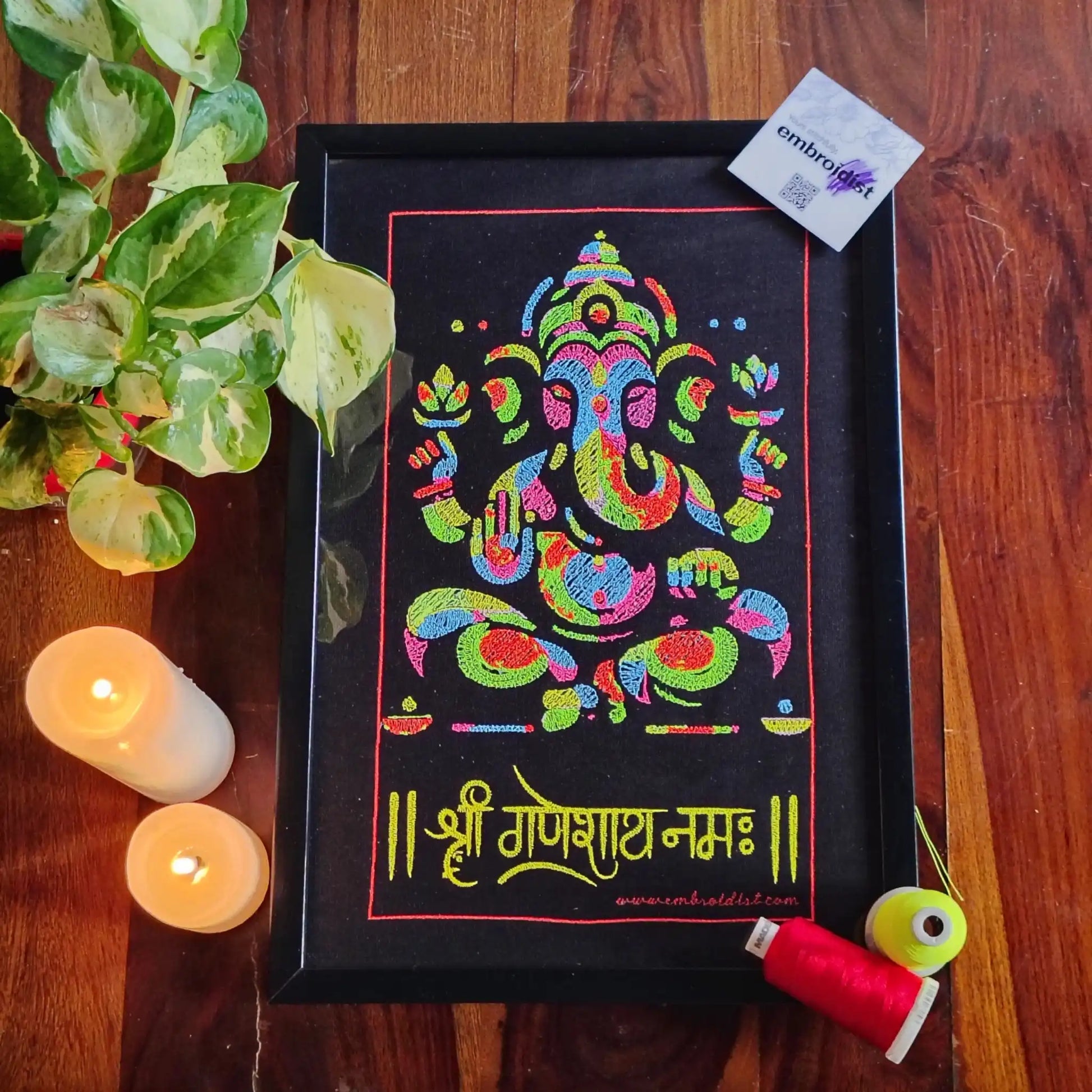 Boho Ganesha embroidered wall art lifestyle image — framed art in home setting by Embroidist