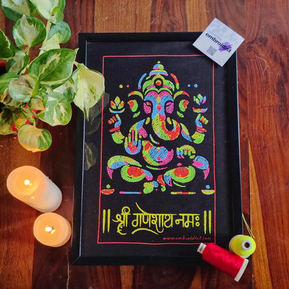 Boho Ganesha embroidered wall art lifestyle image — framed art in home setting by Embroidist