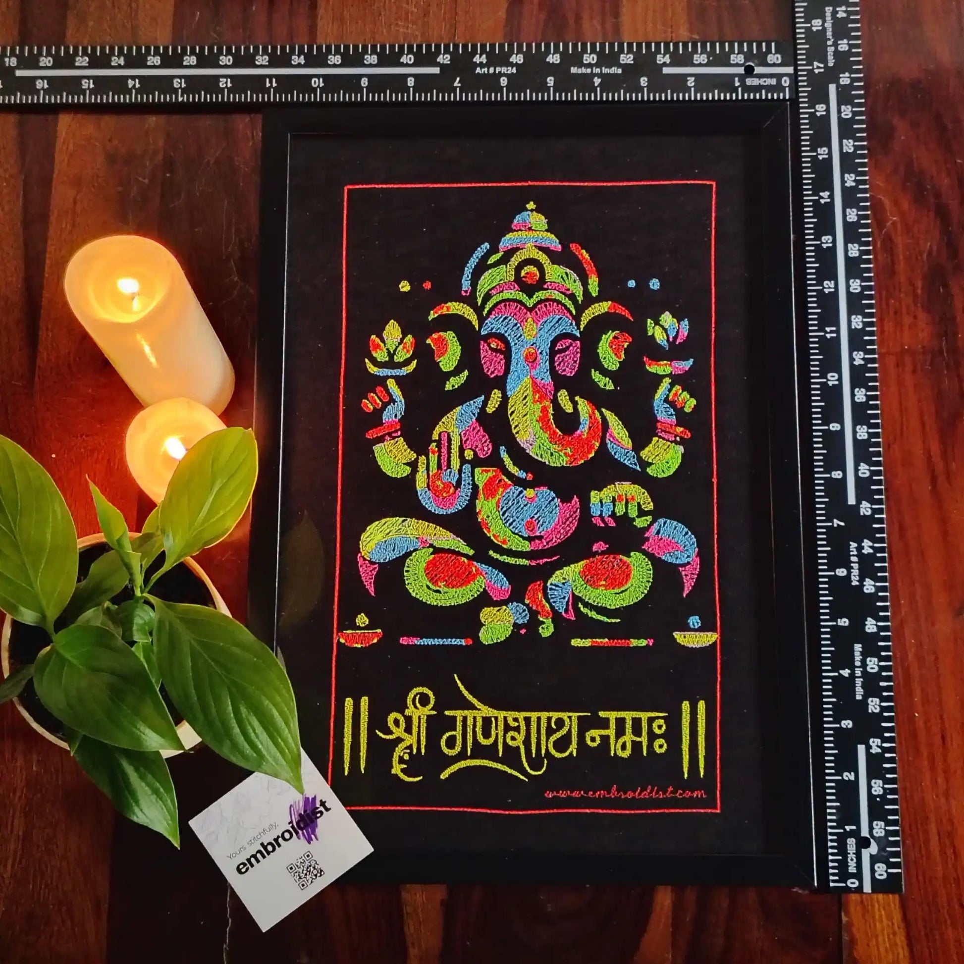 Framed Boho Ganesha embroidered wall art — 17.3x11.3 inch machine embroidery handcrafted in India by Embroidist
