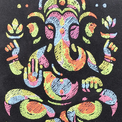 Close up of Boho Ganesha thread embroidery detail — spiritual bohemian wall art by Embroidist