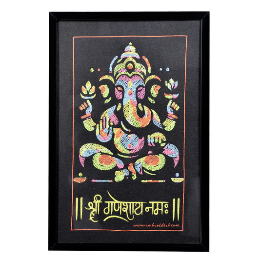 Machine embroidered Boho Ganesha wall art — 37,045 stitches on canvas by Embroidist