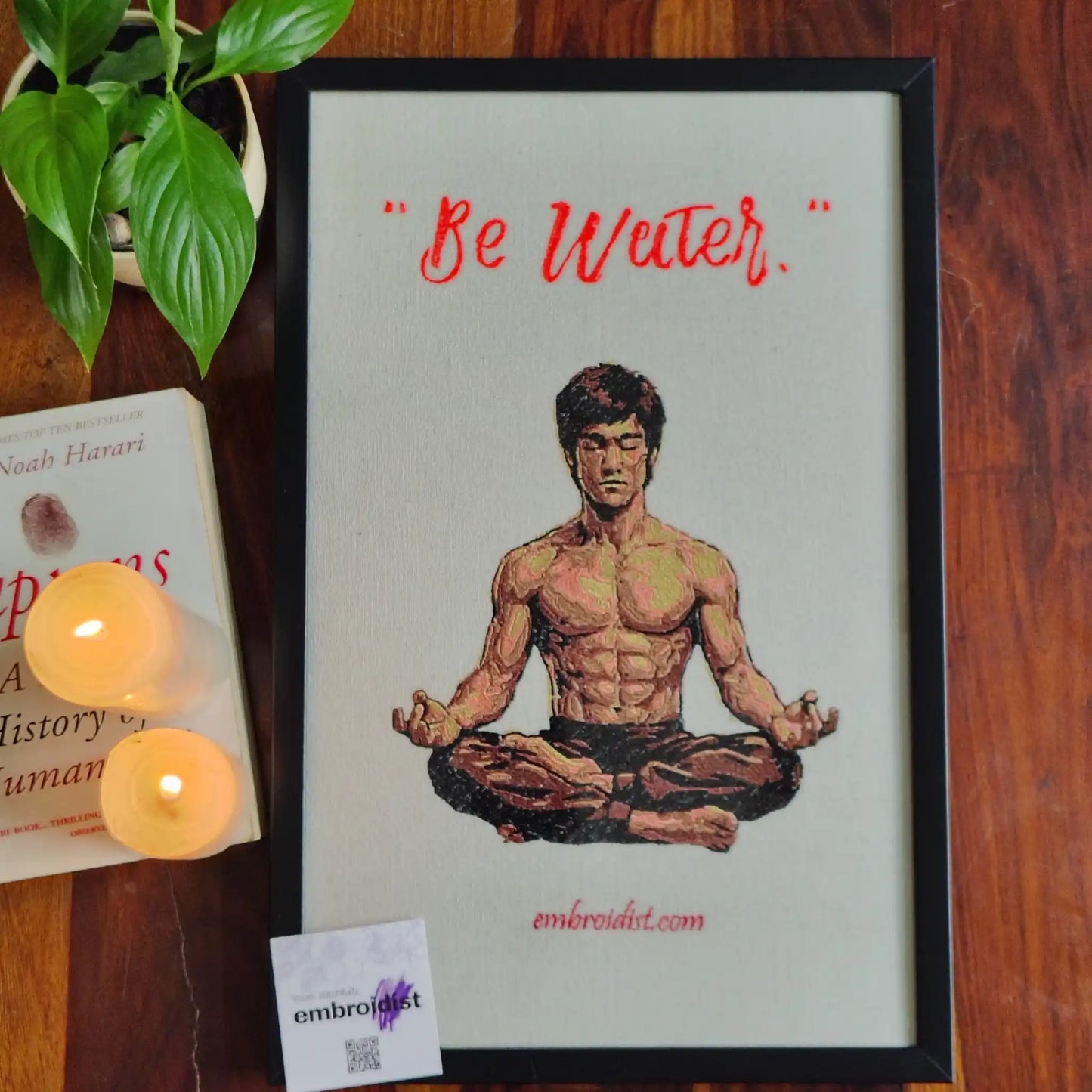 Bruce Lee embroidered wall art lifestyle image — framed art in home setting by Embroidist