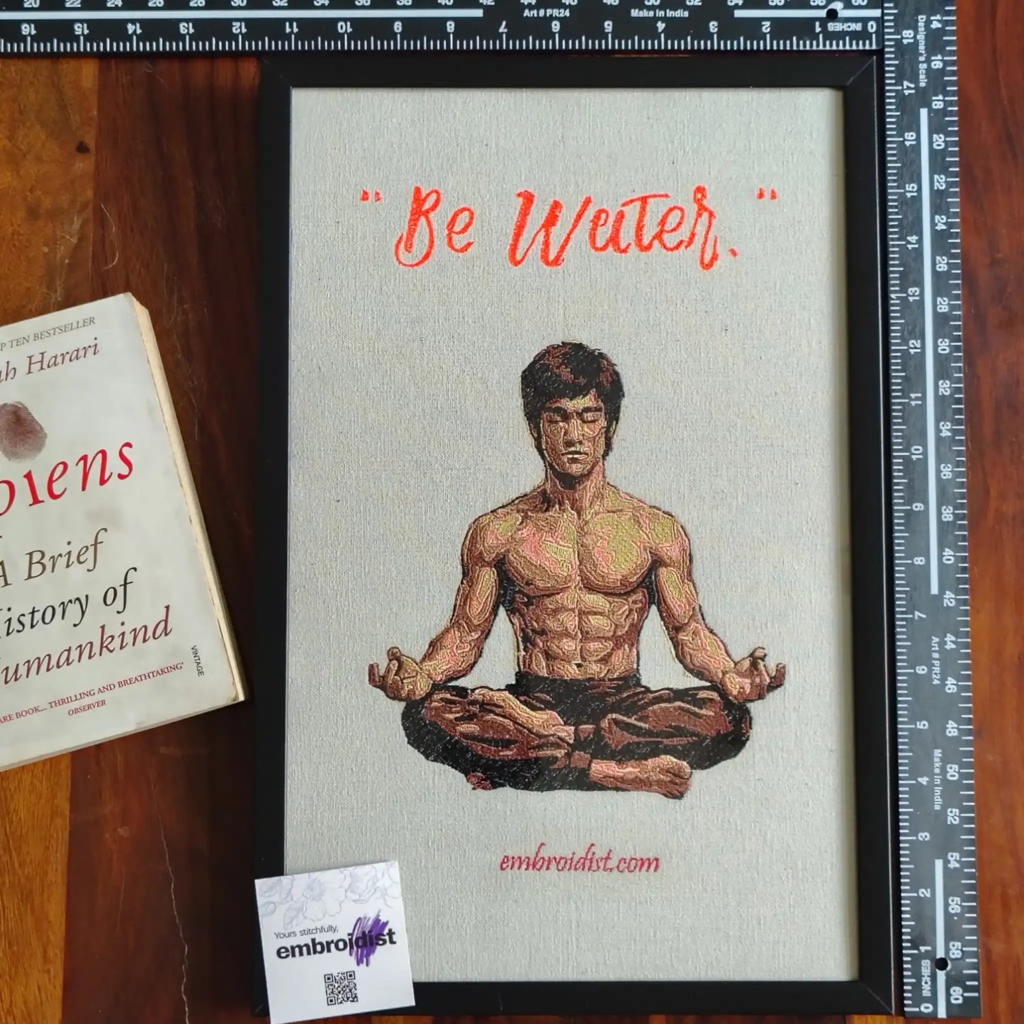 Framed Bruce Lee embroidered wall art — 17.3x11.3 inch machine embroidery handcrafted in India by Embroidist