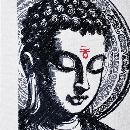 Close up of Buddha thread embroidery detail — spiritual wall art by Embroidist