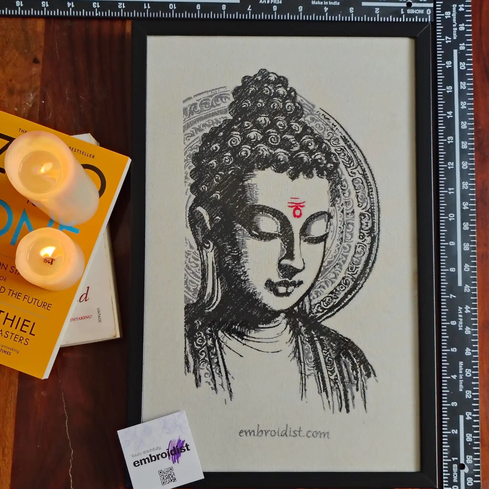 Framed Buddha embroidered wall art — 17.3x11.3 inch machine embroidery handcrafted in India by Embroidist