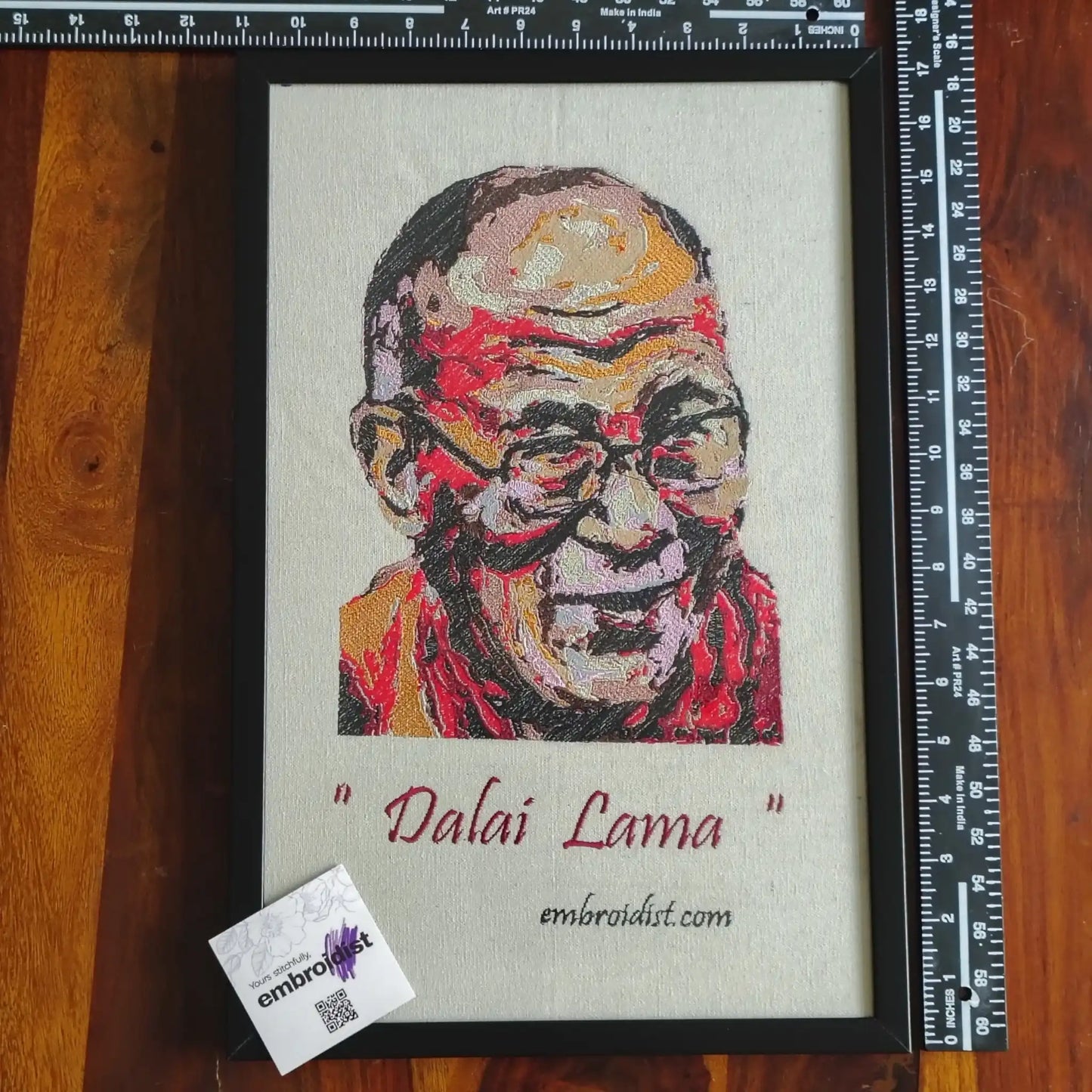 Framed Dalai Lama embroidered wall art — 17.3x11.3 inch machine embroidery handcrafted in India by Embroidist