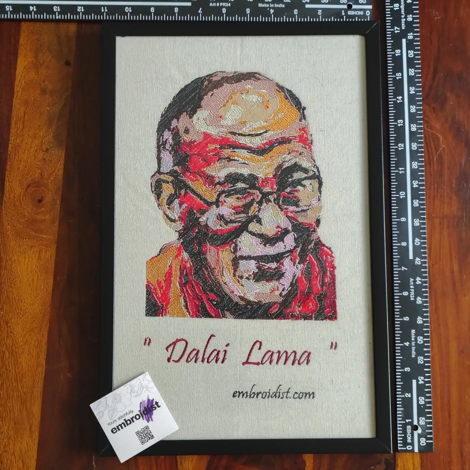 Framed Dalai Lama embroidered wall art — 17.3x11.3 inch machine embroidery handcrafted in India by Embroidist