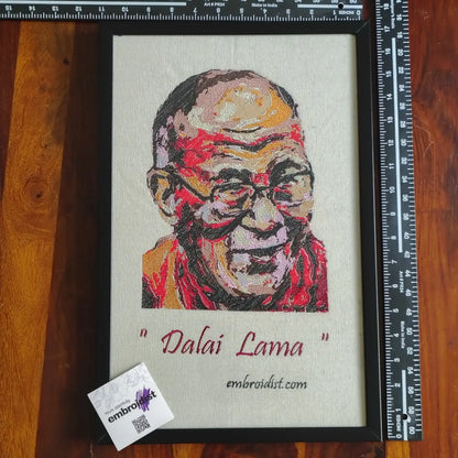Framed Dalai Lama embroidered wall art — 17.3x11.3 inch machine embroidery handcrafted in India by Embroidist