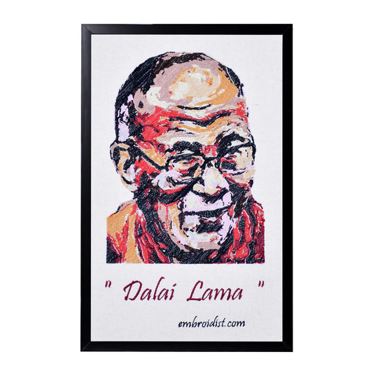Machine embroidered Dalai Lama portrait wall art — 1,22,638 stitches on canvas by Embroidist