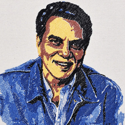 Close up of Dharmendra thread embroidery portrait detail — Bollywood wall art by Embroidist