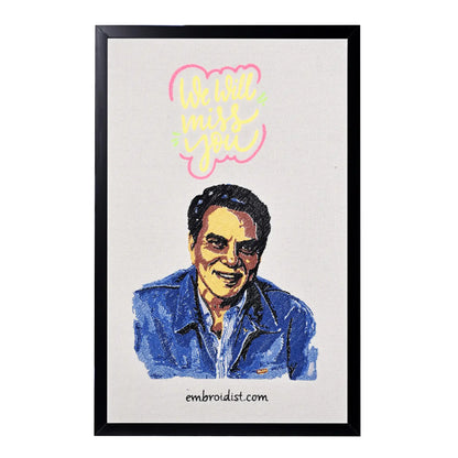 Machine embroidered Dharmendra portrait wall art — 84,516 stitches on canvas by Embroidist