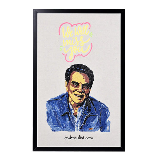 Machine embroidered Dharmendra portrait wall art — 84,516 stitches on canvas by Embroidist