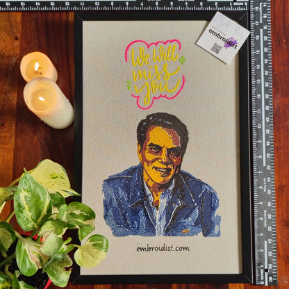 Framed Dharmendra embroidered wall art — 17.3x11.3 inch machine embroidery handcrafted in India by Embroidist