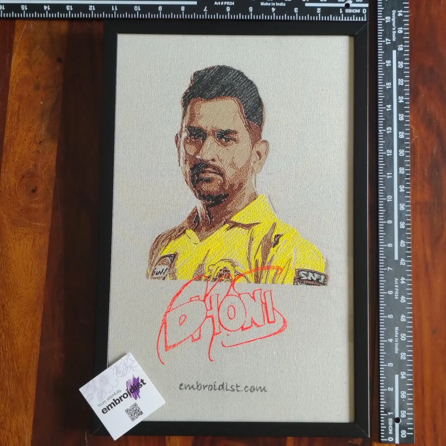 Framed MS Dhoni embroidered wall art — 17.3x11.3 inch machine embroidery handcrafted in India by Embroidist