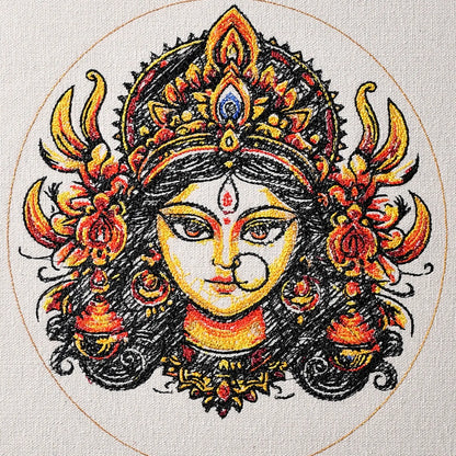 Close up of Durga Maa thread embroidery detail — spiritual wall art by Embroidist