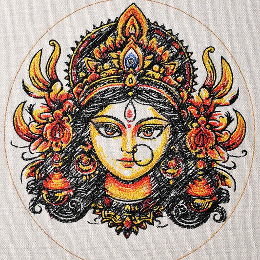 Close up of Durga Maa thread embroidery detail — spiritual wall art by Embroidist