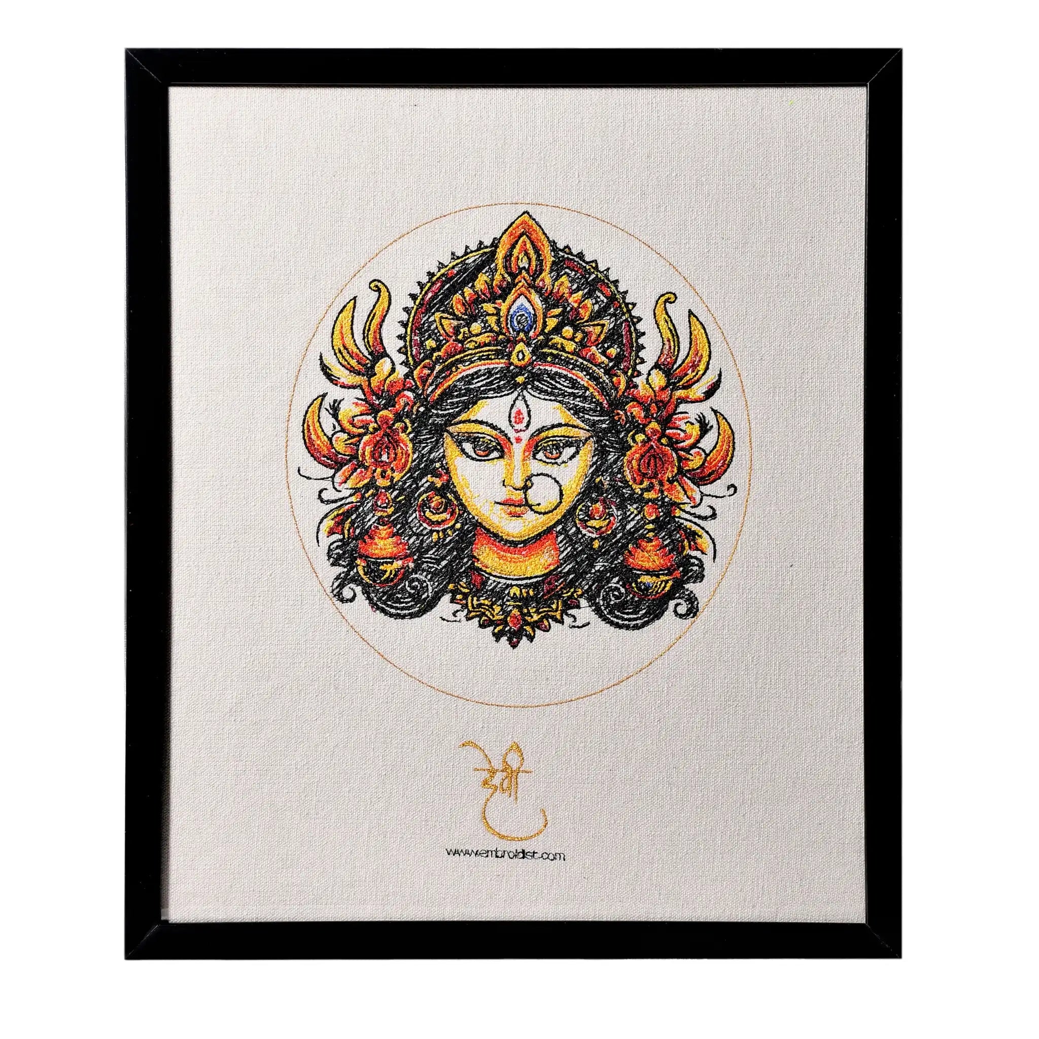 Machine embroidered Durga Maa wall art — 60,329 stitches on canvas by Embroidist