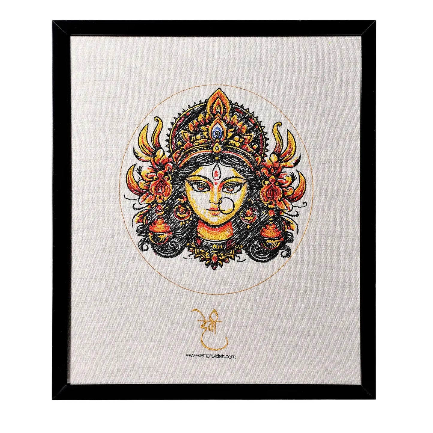 Machine embroidered Durga Maa wall art — 60,329 stitches on canvas by Embroidist