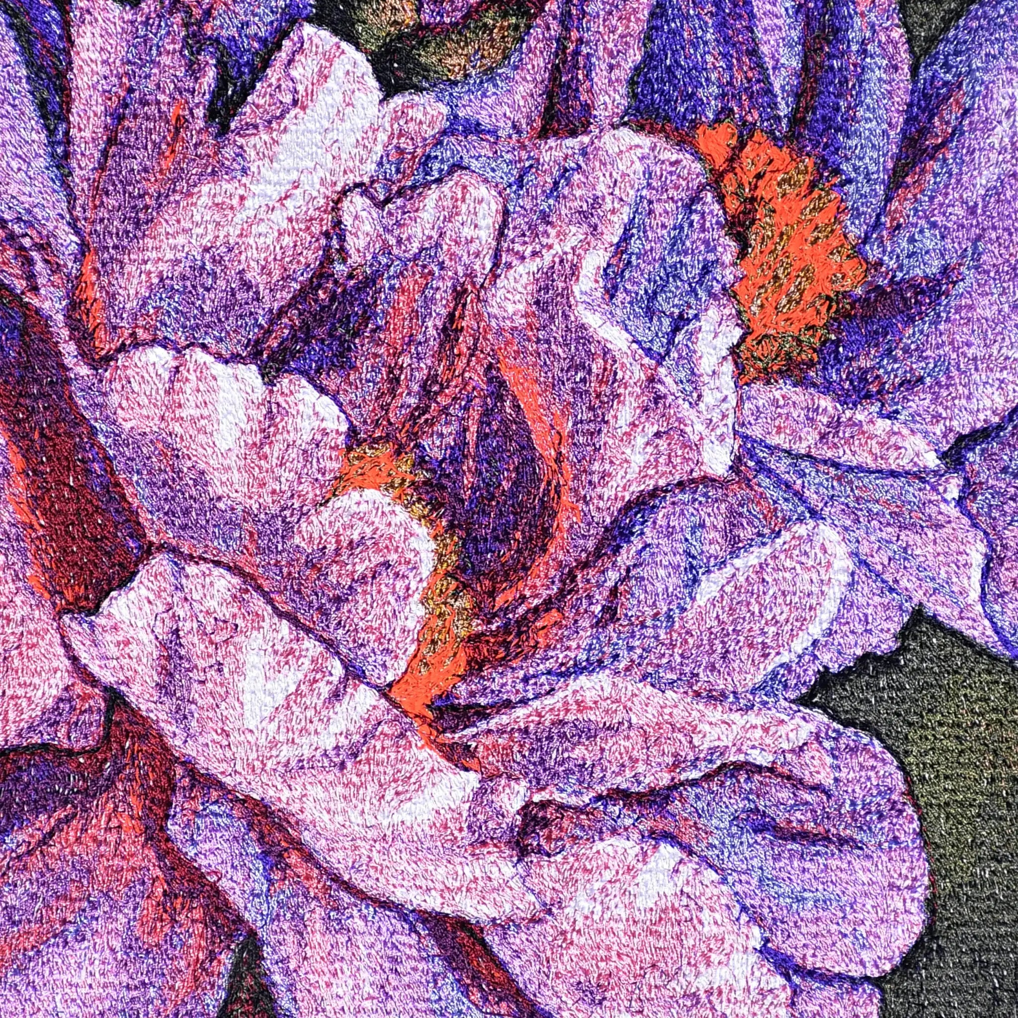 Close up of peony bloom thread embroidery detail — floral wall art by Embroidist