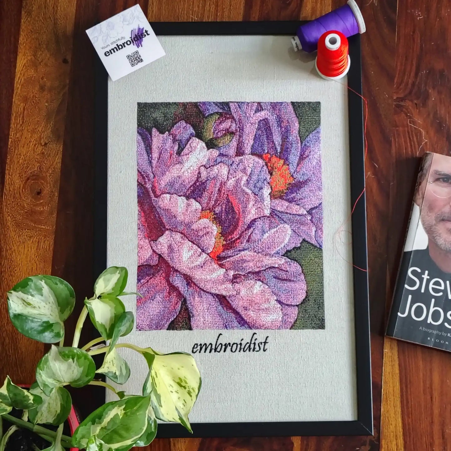 Peony bloom embroidered wall art lifestyle image — framed art in home setting by Embroidist