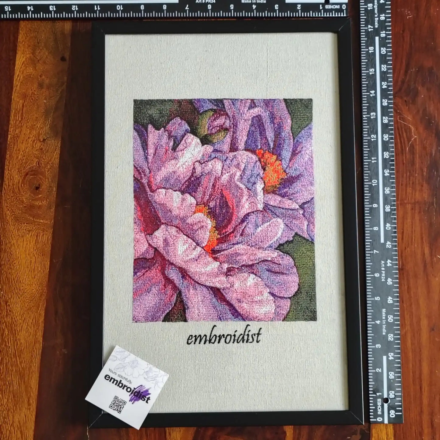 Framed peony bloom embroidered wall art — 17.3x111.3 inch machine embroidery handcrafted in India by Embroidist