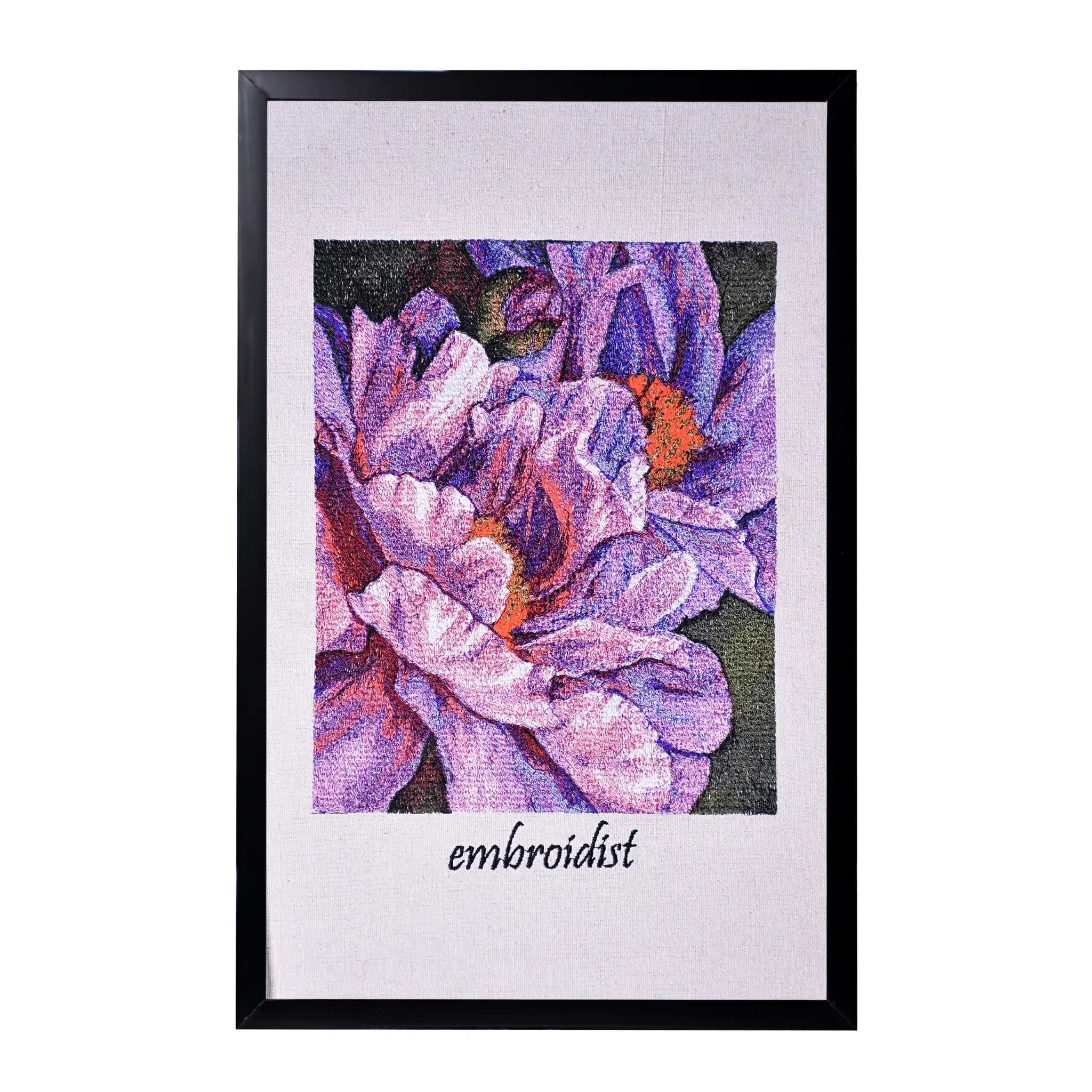 Machine embroidered peony flower wall art — 1,28,684 stitches on canvas by Embroidist