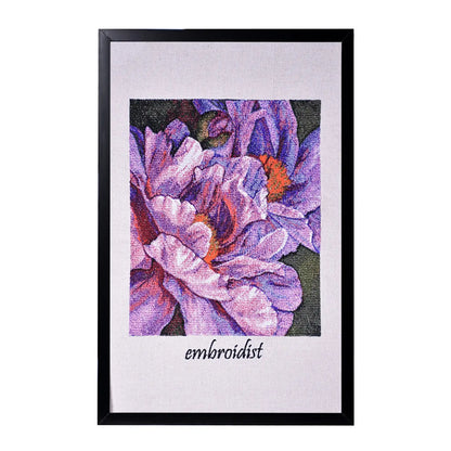 Machine embroidered peony flower wall art — 1,28,684 stitches on canvas by Embroidist