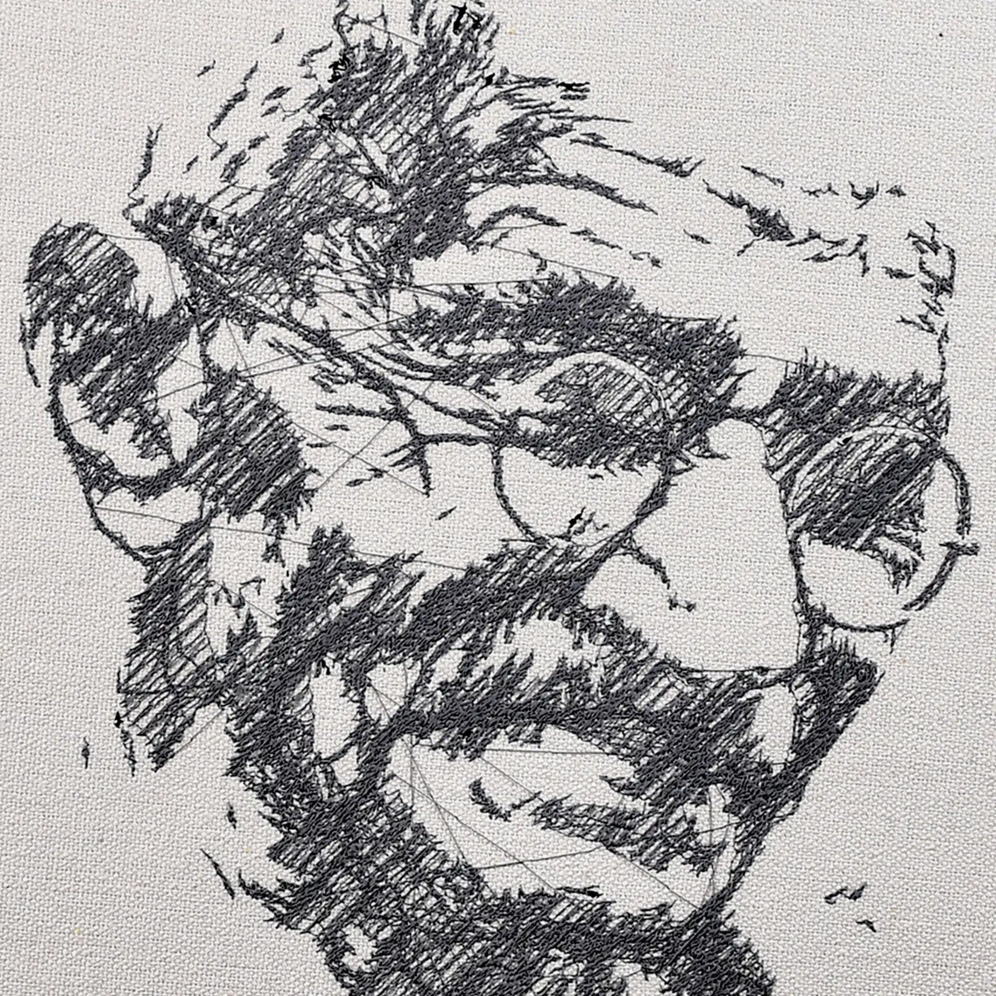 Close up of Mahatma Gandhi thread embroidery portrait detail — historical wall art by Embroidist