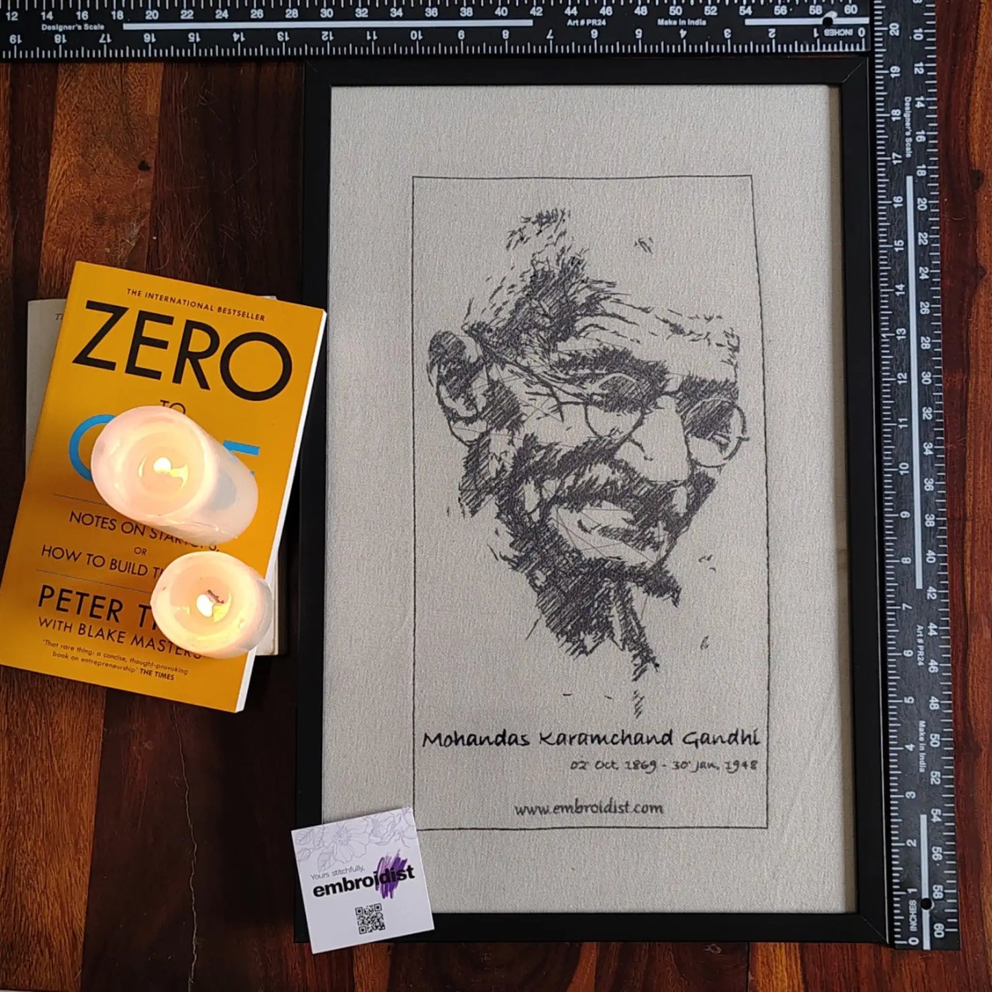 Framed Mahatma Gandhi embroidered wall art — 18.6x12.1 inch machine embroidery handcrafted in India by Embroidist