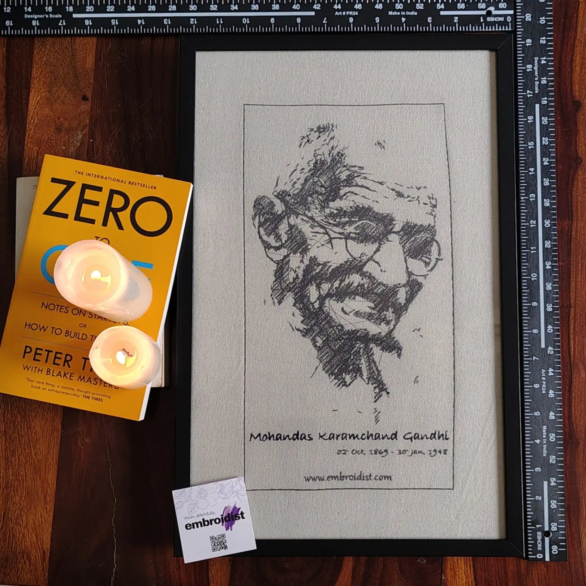Framed Mahatma Gandhi embroidered wall art — 18.6x12.1 inch machine embroidery handcrafted in India by Embroidist