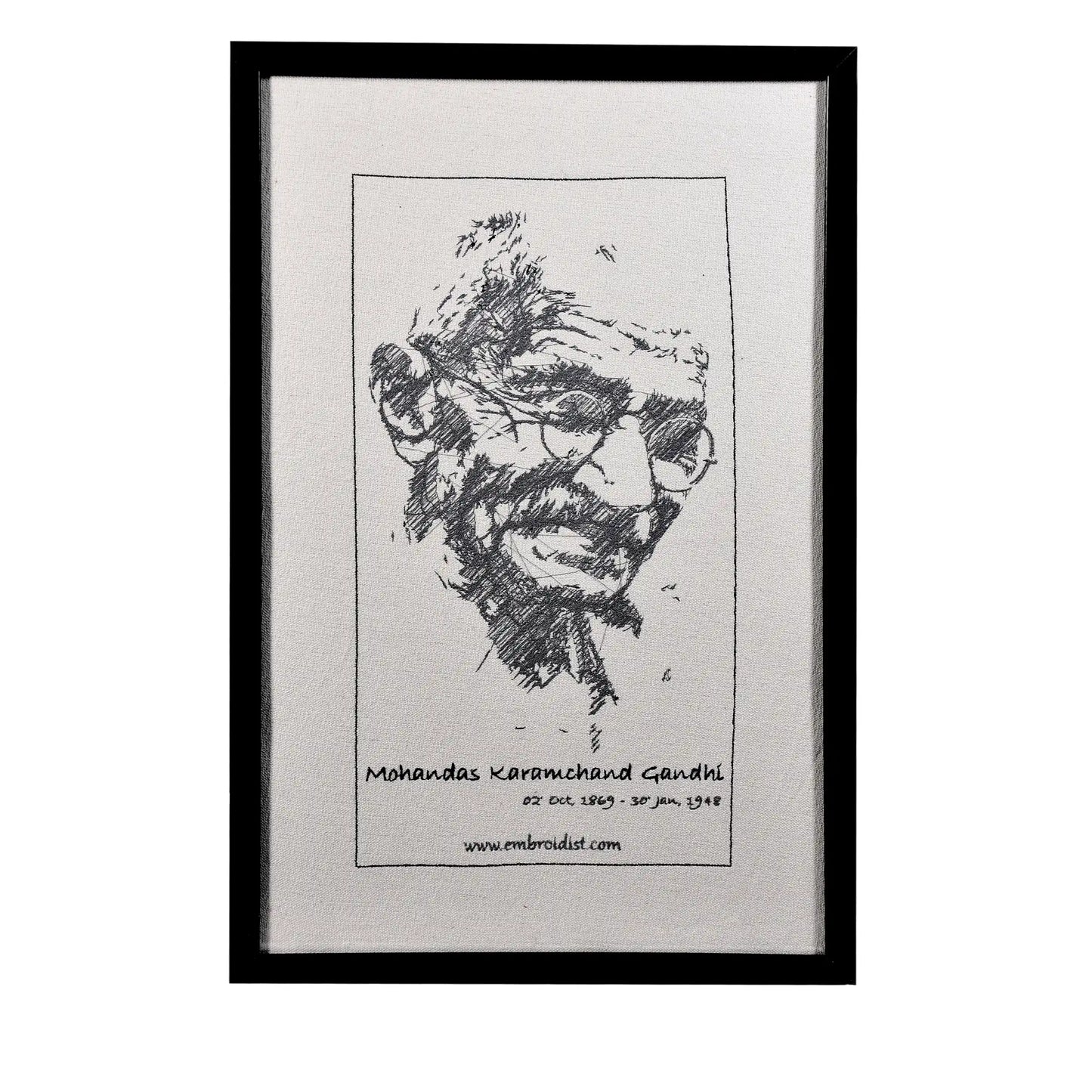 Machine embroidered Mahatma Gandhi portrait wall art — 46,701 stitches on canvas by Embroidist