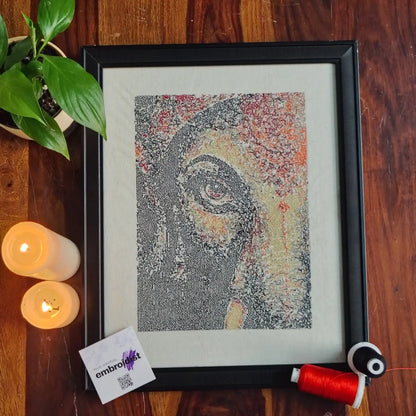 Ganesha photostitch embroidered wall art lifestyle image — framed art in home setting by Embroidist