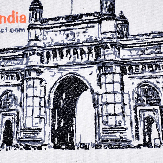 Close up of Gateway of India thread embroidery detail — Mumbai landmark wall art by Embroidist