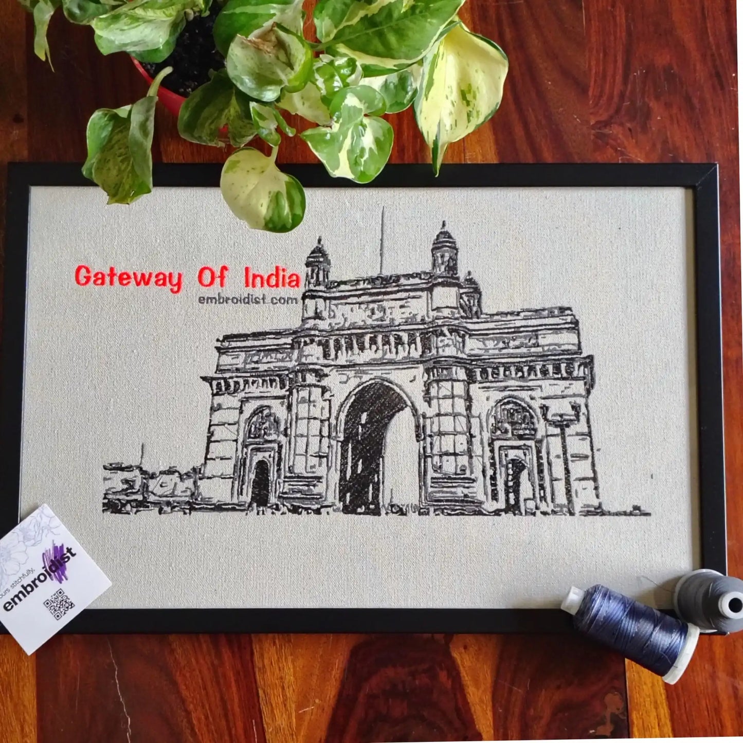 Gateway of India Mumbai embroidered wall art lifestyle image — framed art in home setting by Embroidist